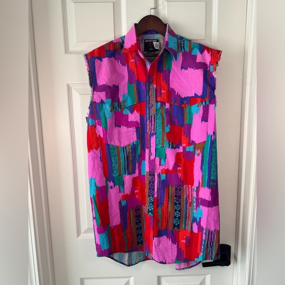 Vintage Frontier Series Western Abstract Button Up Cut Off Vest Tall Medium Mens - Picture 1 of 8